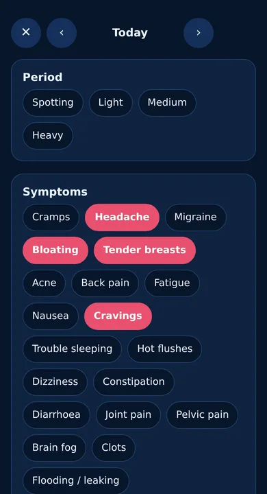 Daily log with flow, symptoms and pain slider.